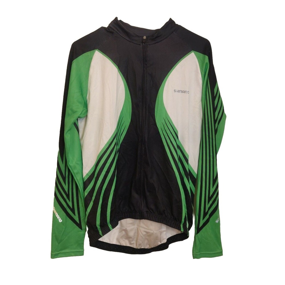 Shimano Mens Cycling Jersey Jacket Sz L Long Sleeve Full Zip Green White Blue